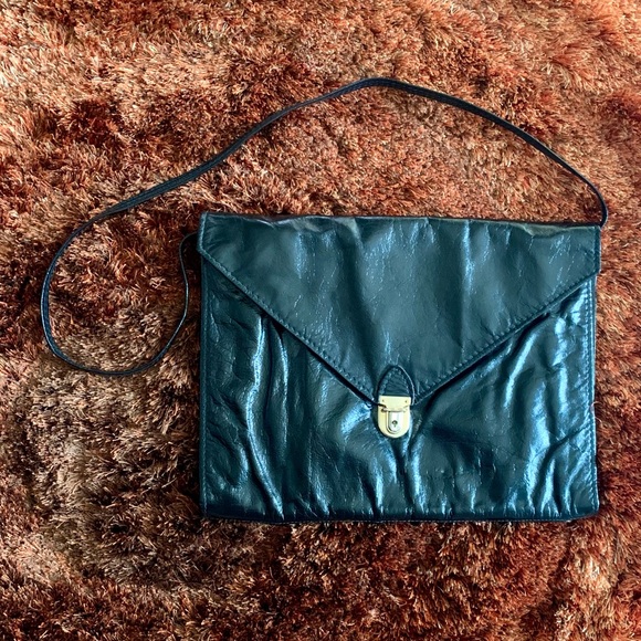 80s vintage black leather shoulder/clutch bag - Picture 2 of 7